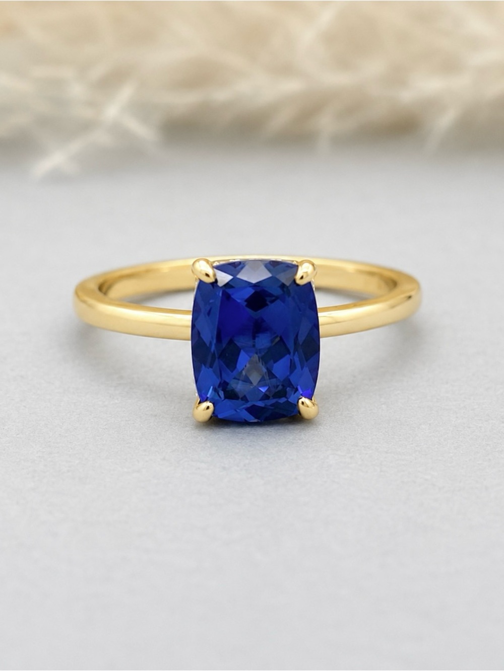 Yellow Gold Long Cushion 3ct Blue Sapphire Hidden Halo CZ Sterling Silver Ring